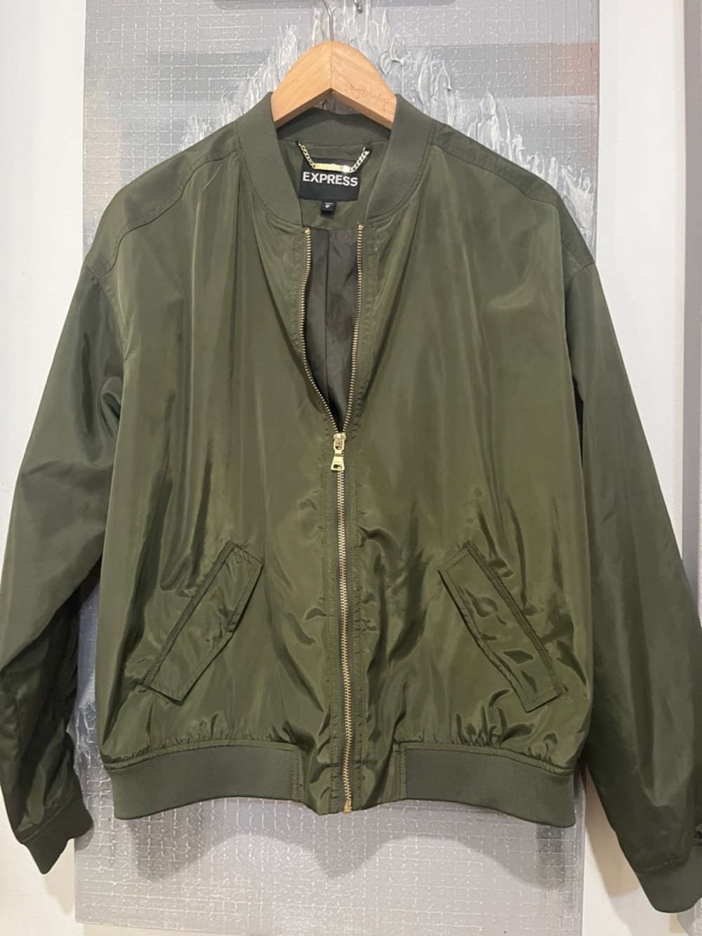 Express Olive Green Bomber Jacket with Gold Zipper